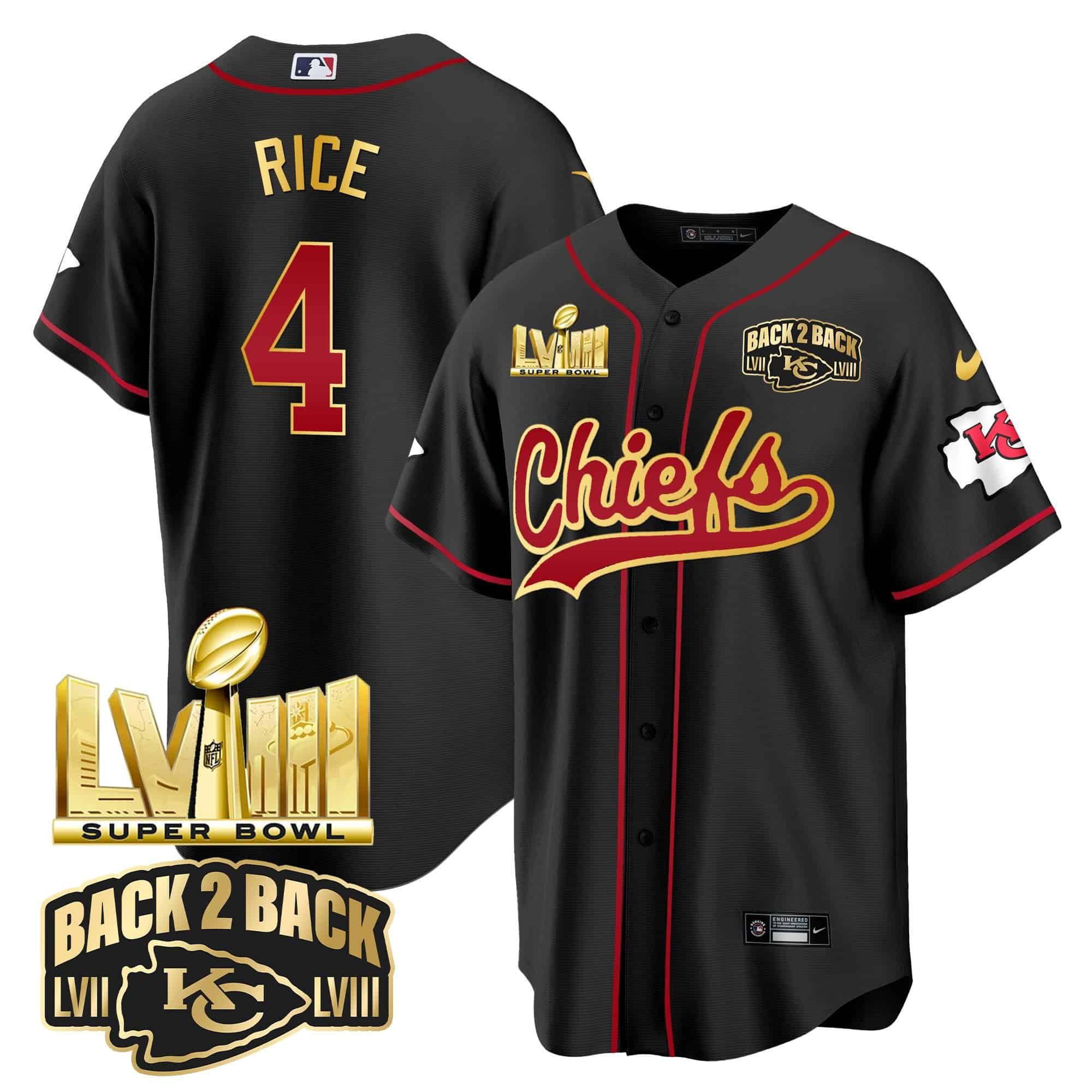 Men Kansas City Chiefs #4 Rice Black 2024 Nike Super Bowl LVIII Back-2-Back Gold Patch Baseball NFL Jersey